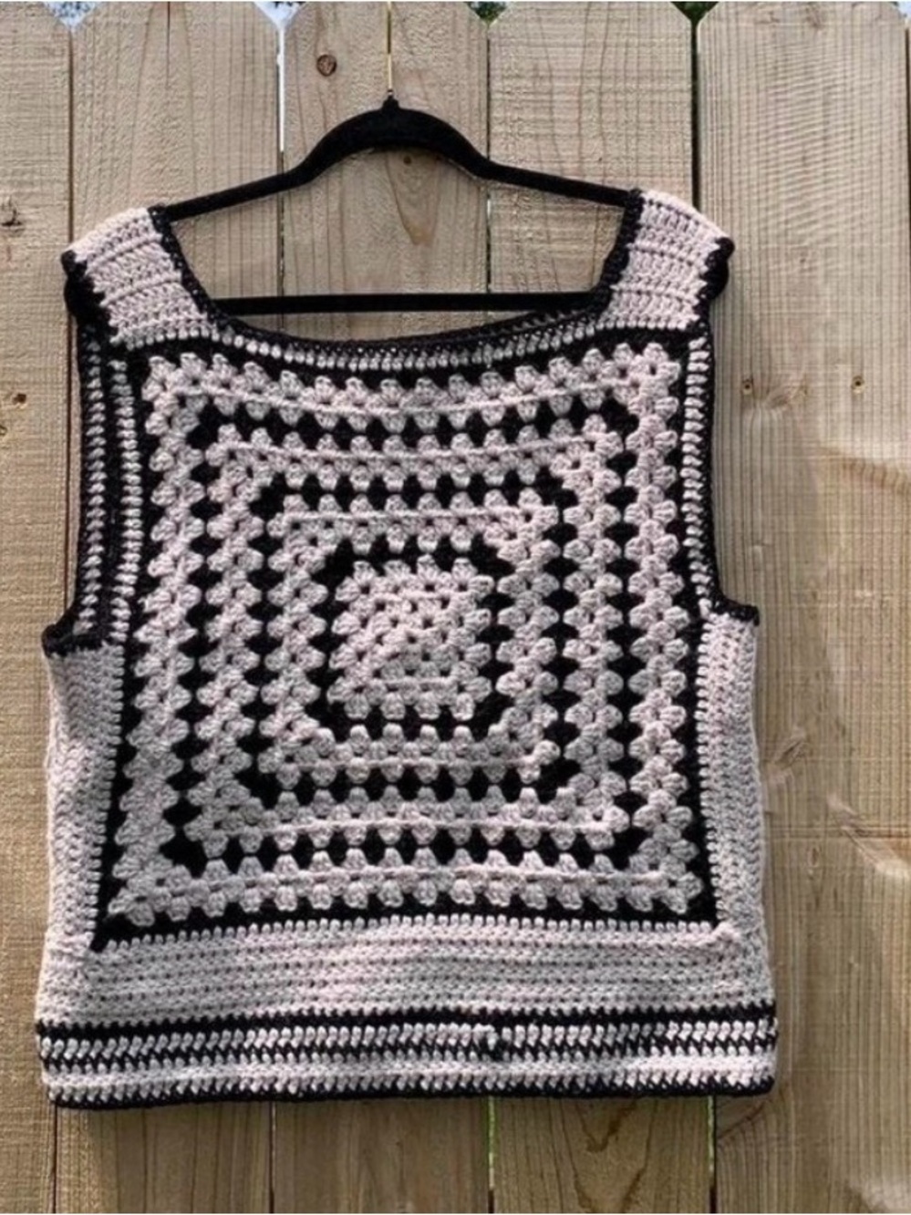 Vintage Handmade Crochet Square Tank Top - Black & Grey - Picture 2 of 6